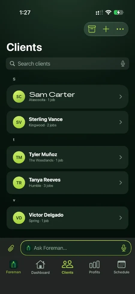 Clients screen