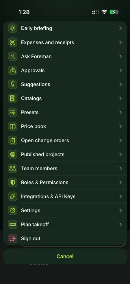 Full feature menu