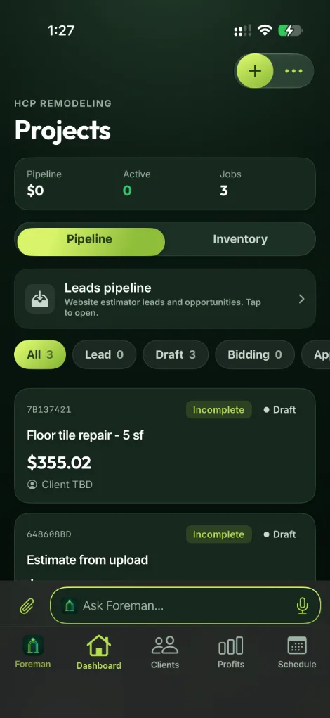 Projects pipeline screen